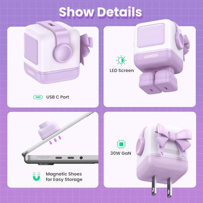 UGREEN Uno 30W USB C Charger Block, Compact Nexode Robot GaN Fast Charger for iPhone 17/16/15/14, Galaxy S26/S25/S24/S23, Pixel 10/9/8/7, MacBook Neo/Air, iPad Pro, Kawaii Purple - color: Purple