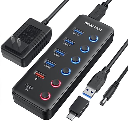 Powered USB 3.0 Hub, Wenter 6-Port USB Hub Splitter (4 Faster Data Transfer Ports+ 2Pcs 36W QC Charging Ports) with Individual LED On/Off Switches, USB Hub 3.0 Powered with Power Adapter - color: 4+1A+1C