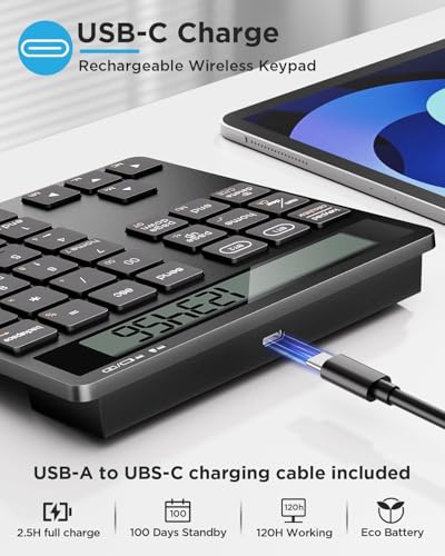 Bluetooth Number Pad, Wireless Numeric Keypad Calculator with Display, USB-C Rechargeable External 34-Keys Numpad, Financial Data Entry Keyboard for iMac, MacBook Air/Pro, PC Desktop, Laptop Notebook - color: C-Black Calculator