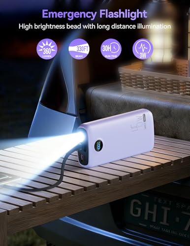 DIAMUAR Portable Charger 20000mAh 45W, Built in USB C Cable, 3W Flashlight | Fast Charging, Digital Display, 3 Ports, All-Day Power, Travel-Ready, for iPhone 17/16/15, Tablet, Laptop, Camping Essentials - color: Purple