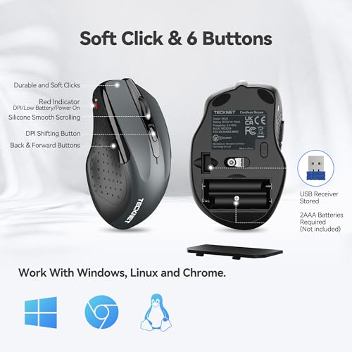 TECKNET Wireless Mouse, 2.4G Ergonomic Computer Mouse, 2600 DPI, Grey | Ergonomic Design with Side Grips, Adjustable DPI, 2-Year Battery, Compact Size, USB-A Plug & Play, Wide OS Compatibility - color: Grey