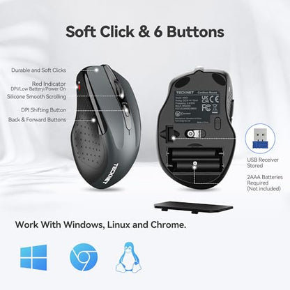 TECKNET Wireless Mouse, 2.4G Ergonomic Computer Mouse, 2600 DPI, Grey | Ergonomic Design with Side Grips, Adjustable DPI, 2-Year Battery, Compact Size, USB-A Plug & Play, Wide OS Compatibility - color: Grey