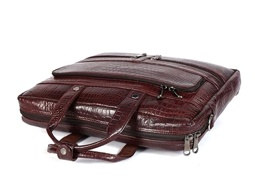 16" Crocodile Embossed Leather Laptop Briefcase, 5 Zipper Pockets, 2 Spacious Compartments, 16x12x4 inches. - color: Dark Brown