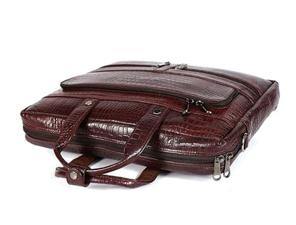 16" Crocodile Embossed Leather Laptop Briefcase, 5 Zipper Pockets, 2 Spacious Compartments, 16x12x4 inches. - color: Dark Brown