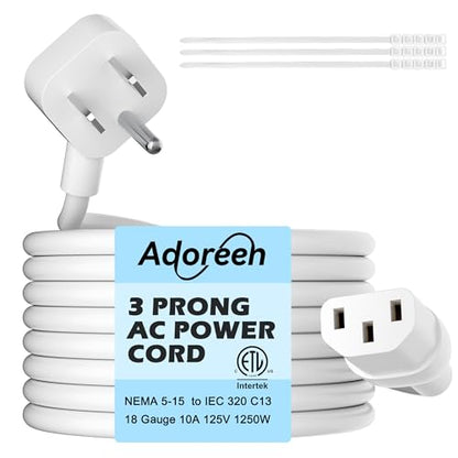 Adoreen 6 Ft Computer TV Replacement Power Cord White, Low Profile Flat Plug 18AWG 3-Prong AC Universal Power Supply Cable NEMA 5-15P to IEC 320 C13 for Printer, PC, Monitor TV LCD, ETL+Ties - size: 6FT, style: Angled to Straight