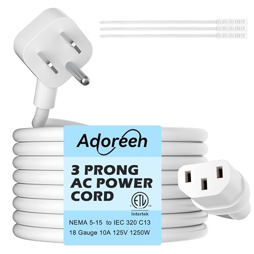 Adoreen 10 Ft Computer TV Replacement Power Cord White, Low Profile Flat Plug 18AWG 3-Prong AC Universal Power Supply Cable NEMA 5-15P to IEC 320 C13 for Printer, PC, Monitor TV LCD, ETL+Ties - size: 10FT, style: Angled to Straight