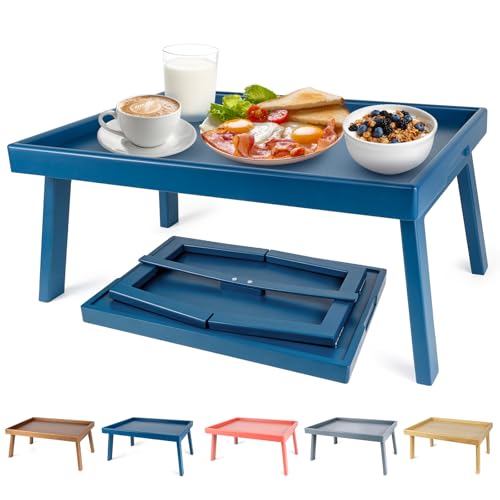 Bamboo Bed Table Tray with Support Bar and Foldable Legs, Breakfast Food Trays Table for Bed Sofa Eating and Laptops, TV Lap Tray Table on Couch (Applied for Invention Patent) - color: Navy Blue, size: 16.9x11.8x8 in