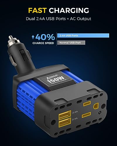 150W Car Power Inverter, 12V DC to 120V AC, Cigarette Lighter Plug | 300W Surge Peak, 1 AC Outlet, Dual USB 4.8A, 11 Protections, Compact for Laptop, Phone, Car, RV, Travel - color: 150W Blue
