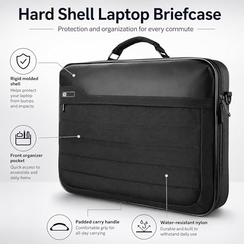 Vangoddy 12-13 Inch Laptop Meeting Bag, Hard Shell Nylon Briefcase Opens Flat, Padded Device Compartment, Front Organizer Pocket, Luggage Strap, Water Resistant, Black