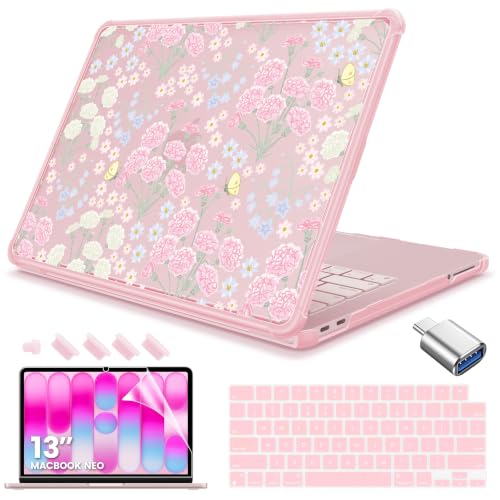 Teryeefi Printing Case Cover for MacBook Neo 13 inch 2026 Release A3404 | flexible TPU/shockproof/ ultra thin /lightweight/ anti fingerprint / with keyboard cover screen protector/ blush pink flower - color: Wildflower