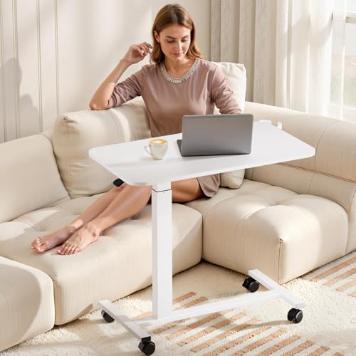COMHOMA Adjustable Overbed Bedside Table with Lockable Wheels, Pneumatic Mobile Standing Laptop Desk, Small Portable Rolling Overbed Table Hospital Home Use(32" W x 18" D, White) - color: White, size: Large