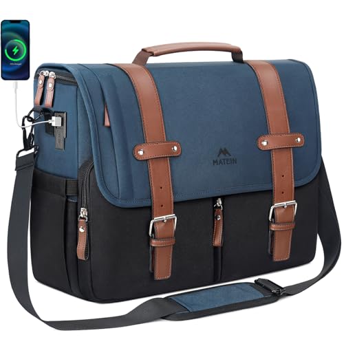 MATEIN Messenger Bag for School, 15.6 inch Mens Crossbody Satchel for Work | Laptop Bags with USB Charging Port, Large Student College Bag, Water Resistant Computer Briefcase for Office, Commuting - color: Black-blue, size: 15.6 inch