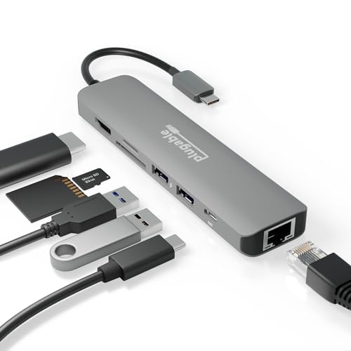 Plugable 7-in-1 USB C Hub Driverless Multiport Adapter with Ethernet, Single 4K60Hz HDMI, 100W Pass-Through Charging, 2X USB 3.0, SD/microSD, for USB-C, USB4, Thunderbolt, Mac, Windows, Chromebook