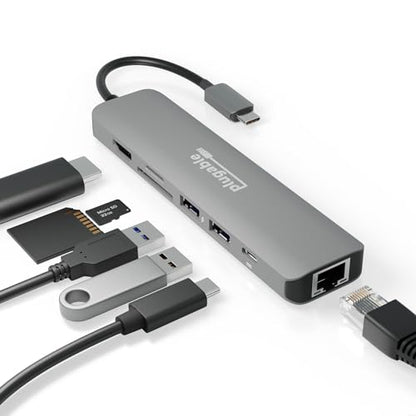 Plugable 7-in-1 USB C Hub Driverless Multiport Adapter with Ethernet, Single 4K60Hz HDMI, 100W Pass-Through Charging, 2X USB 3.0, SD/microSD, for USB-C, USB4, Thunderbolt, Mac, Windows, Chromebook