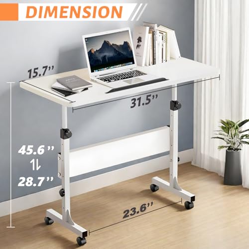 Rolling Desk Adjustable Height,Portable Laptop Desks,Small Standing Desk with Wheels for Home Office - color: White