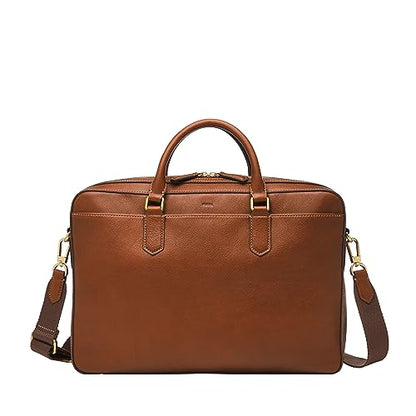 Fossil Men's Haskell or Asher Leather Messenger Briefcase Work Laptop Bag for Men - color: Asher Brown Leather