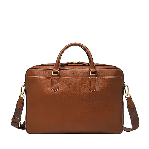 Fossil Men's Haskell or Asher Leather Messenger Briefcase Work Laptop Bag for Men - color: Asher Brown Leather