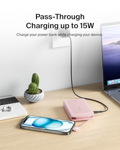 Belkin 10000mAh 20W USB C Power Bank, Portable Charger for iPhone & iPad | Fast Charging, Integrated USB C Cable, Eatra USB C Port, iPhone 17, iPad, Samsung Galaxy S26, Charge 2 Devices - color: Pink, style: 10K mAh