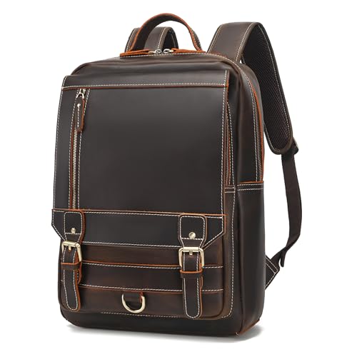 LANNSYNE Vintage Genuine Leather Backpack For Men Fits up to 16" Laptop Travel Hiking Rucksack - color: Dark Brown