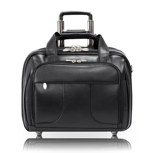 17" Leather Patented Detachable -Wheeled Laptop Overnight with Removable Briefcase