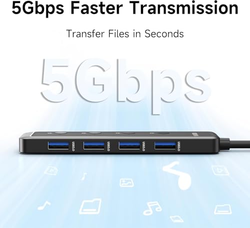 MOKiN USB 3.0 Hub, 5-Port Ultra Slim Powered Data USB Extender with 4*USB A 3.0, USB-C 5V Power Port, 5Gbps, Individual Switches & LED, for Laptop, MacBook, Chromebook, Dell, Acer, XPS