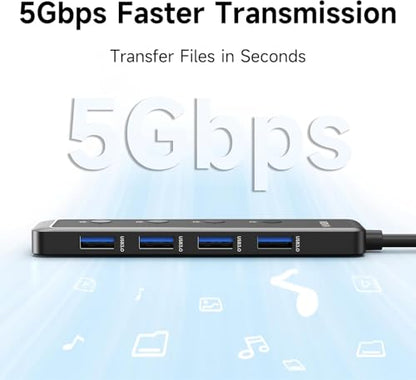 MOKiN USB 3.0 Hub, 5-Port Ultra Slim Powered Data USB Extender with 4*USB A 3.0, USB-C 5V Power Port, 5Gbps, Individual Switches & LED, for Laptop, MacBook, Chromebook, Dell, Acer, XPS
