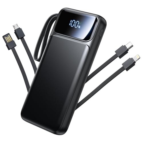 Power Bank, Portable Charger with Built in Cable 22.5W Fast Charging Battery Pack 10000mAh Slim 6 Outputs 3 Inputs LED Display Phone Charger for iPhone Samsung Pixel Moto iPad Travel Essential Gift - color: Black