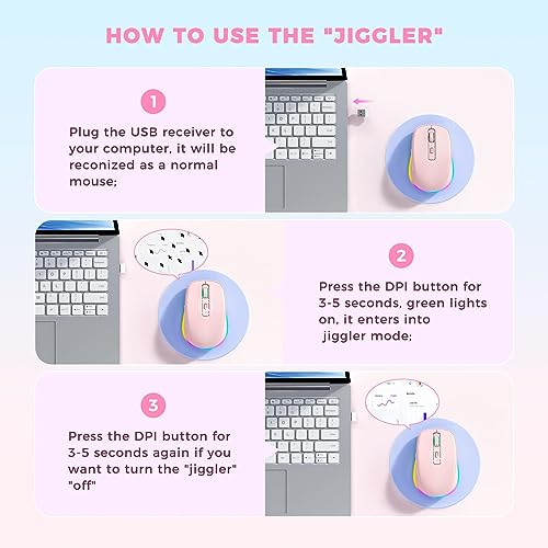 PEIOUS Mouse for Laptop, Wireless Mouse Jiggler - LED Wireless Mice with Build-in Mouse Jiggler Mover, Rechargeable Moving Mouse for Laptop Undetectable Keeps Computer Awake - Pink - color: Pink