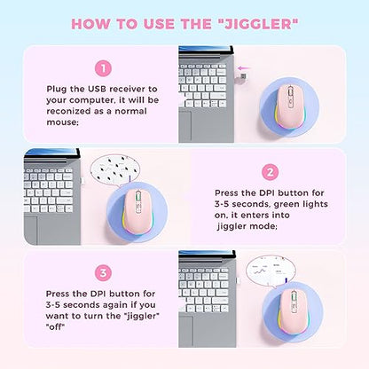 PEIOUS Wireless Mouse Jiggler, LED Mouse with Built-in Mouse Mover, Pink | Rechargeable, Silent Clicks, Adjustable DPI and Random Movement Keep Computers Awake for Work-Life Balance on Laptop/PC/Mac - color: Pink