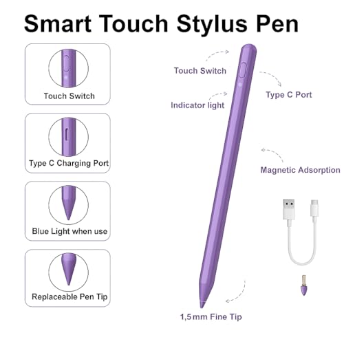 Pencil for iPad 11th/10th,2018-2025 Fast Charge Stylus Pen Palm Rejection Tilt Sensitivity Apple Pencil for iPad A16/11/10/9/8/7/6th,Pro 12.9"/11"/13" M5/M4,Air M3/M2/5/4,Mini A17/6th/5th-Purple - color: Purple