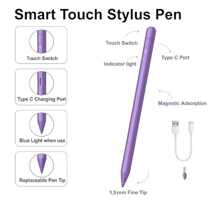 Pencil for iPad 11th/10th,2018-2025 Fast Charge Stylus Pen Palm Rejection Tilt Sensitivity Apple Pencil for iPad A16/11/10/9/8/7/6th,Pro 12.9"/11"/13" M5/M4,Air M3/M2/5/4,Mini A17/6th/5th-Purple - color: Purple