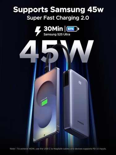 UGREEN Nexode 20000mAh 45W Power Bank, Built-in Cable for iPhone 17 Pro | Built-in USB-C cable, digital display, 3-port. Fast charges for iPhone 17 Pro, S26 Ultra, iPad Pro