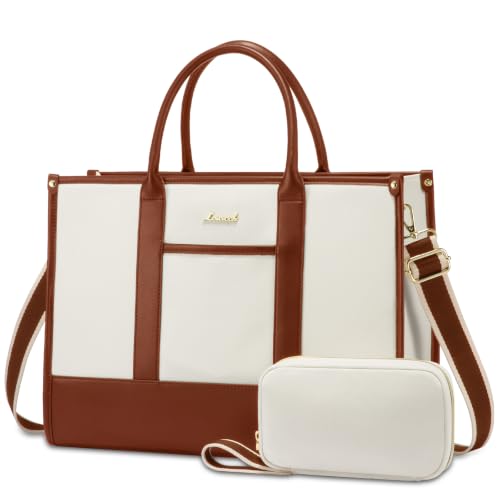 LOVEVOOK Laptop Bags for Women, 17 inch Waterproof Work Tote Bag with Clutch, Professional Teacher Computer Purse Lightweight Shoulder Bag Travel - color: Beige Brown-solid, size: 17 inch