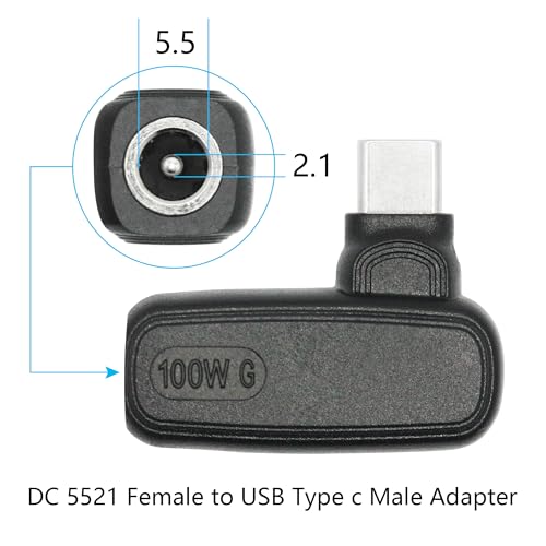 90 Degree 100W DC 5.5mm x 2.1mm Power Adapter, Input 15 - 20.5V, PD Chip | Right Angle DC 5521 Female to USB Type C Male PD Plug, Built in PD Intelligent Chip Quick Identification V/A, for USB C Port - style: DC 5521 Female to USB Type c Male - 100W