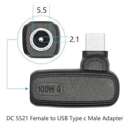 90 Degree 100W DC 5.5mm x 2.1mm Power Adapter, Input 15 - 20.5V, PD Chip | Right Angle DC 5521 Female to USB Type C Male PD Plug, Built in PD Intelligent Chip Quick Identification V/A, for USB C Port - style: DC 5521 Female to USB Type c Male - 100W
