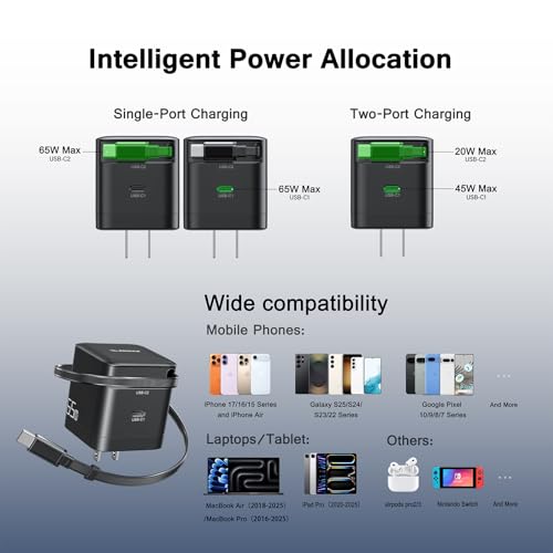 65W USB C Charger with Retractable Cable Dual Port Foldable Plug | 65W Fast Charging for Laptops Tablets and Phones, 27.5 Inch Built In Retractable USB C Cable, Dual USB C Ports