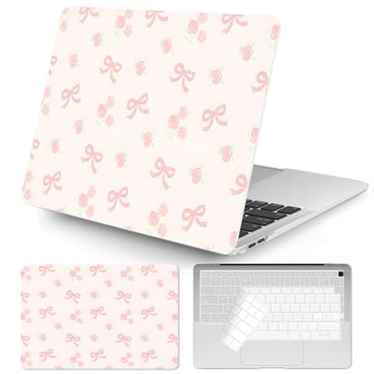Seorsok Compatible with MacBook Pro 13 inch Case M2 2023,2022,2021-2016 A2338 M1 A2251 A2159 A1989 A1708 A1706,Cute Pink Ribbon Bow and Blooming Rose Plastic Hard Case&Transparent Keyboard Cover,Pink - color: Ribbon Bow&Blooming Rose, size: Pro13（A2338 M1