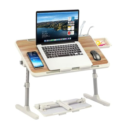 Adjustable Lap Desk with USB Fan & LED Light, Height & Angle Adjustable Laptop Bed Tray Table, Foldable Laptop Stand for Bed, Couch, Sofa & Floor, Walnut - color: Walnut