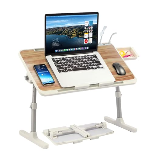 Adjustable Lap Desk with USB Fan & LED Light, Height & Angle Adjustable Laptop Bed Tray Table, Foldable Laptop Stand for Bed, Couch, Sofa & Floor, Walnut - color: Walnut