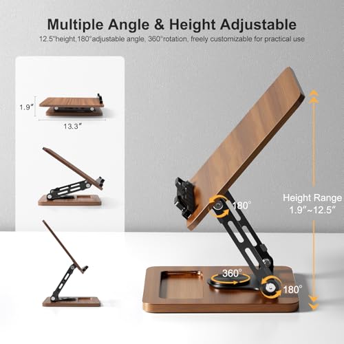 OPTIXCELL Book Stand for Reading, 360° Rotating Book Holder, Page Clips | Hands Free, Built-in Storage Tray, Adjustable Height Angle, Non-Slip, Foldable 13.3x9.4x1.9in, Fits Cookbook Tablet & Laptop - style: Book Stand
