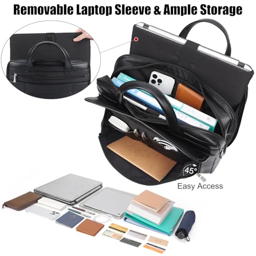 Masa Kawa Leather 15.6" & 17" Laptop Briefcase Men Business Messenger Bag | Full Grain Cowhide Business Travel Office Work Crossbody Shoulder Professional Attache Case for 2 Computers - color: Black-fits 15.6" Laptop