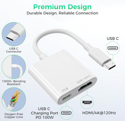 Portable Switch 2 Dock, 4K@120Hz USB C to HDMI Display Adapter with 100W PD Fast Charging, Travel TV Dongle Hub for iPhone 17/16/15, iPad, MacBook, Steam Deck, Switch 2 and USB-C Devices