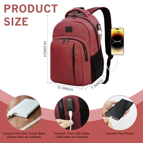 WOLT Laptop Backpack for Men Women for 15.6 Inch and 17 Inch Notebook, Travel Backpack Carry On Flight Approved with Computer Compartment, College Bookbag with USB Charging Port (Red) - color: Red
