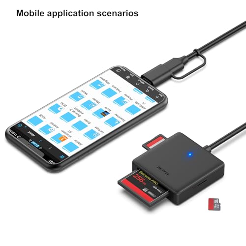 Memory Card Reader, BENFEI 4in1 USB 3.0 and USB-C to SD Micro SD MS CF Card Reader Adapter, 4 Cards Simultaneously Read and Write, Compatible with iPhone 15 Series, MacBook Pro/Air 2023, and More - color: 4in1