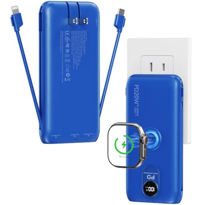 Portable Charger 10000mAh 20W, Wall Plug, 2 Cables, iWatch Charging | Digital Display, Compact Lightweight, USB C Fast Charge, USB-A 18W, Multi Protection, Travel Essential, for iPhone 17 16, Pad - color: Sapphire Blue