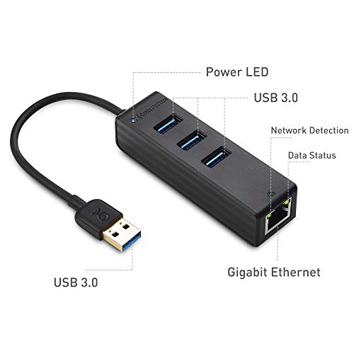 Cable Matters 4-in-1 USB 3.0 Hub with Gigabit Ethernet | 10/100/1000Mbps Network, 3x 5Gbps USBA Ports, Black