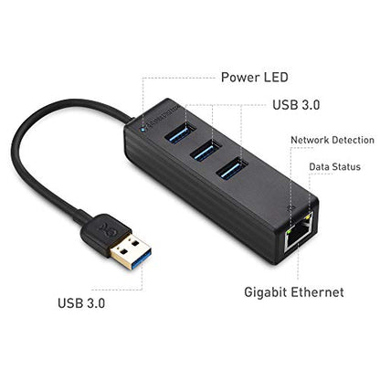 Cable Matters 4-in-1 USB 3.0 Hub with Gigabit Ethernet | 10/100/1000Mbps Network, 3x 5Gbps USBA Ports, Black