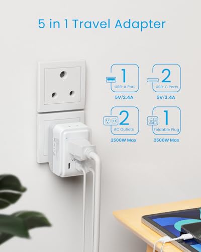VINTAR US to India Plug Adapter, Foldable India Power Adapter, 2 Pack | 2 AC Outlets and 3 USB Ports (2 USB C), 5-in-1 Type D Plug Adapter for US to India Bangladesh Maldives Pakistan Sri Lanka - style: Type D - India Maldives