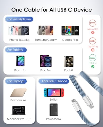 Magnetic 240W USB C to USB C Cable, Coiled USB Type C Cable Fast Charging for iPhone 15/15 Plus/15 Pro/15 Pro Max, MacOS, i-Pad Pro, Samsung Galaxy S24/S23/S22 Ultra, Switch 5FT Blue | Winding Cable Fast Charging for iPhone 17/16/15 Plus/15 Pro/15 Pro Max