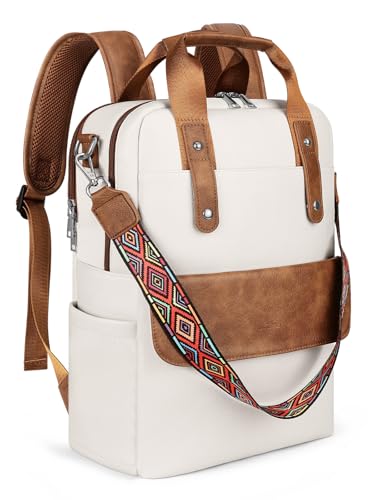 Leather Laptop Backpack 15.6 inch Womens Computer Bag Beige | 3-in-1 laptop purse: Dedicated 15.6" Compartment, 7-Pocket Organizer, Colorful Shoulder Strap, Work & Travel Ready - color: Beige Brown
